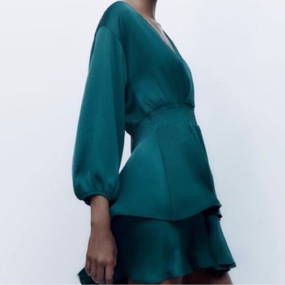NWT Zara Teal Long Sleeve Satin Mini Dress Elastic Waist Ruffled Hem V-Neck M - Picture 4 of 11
